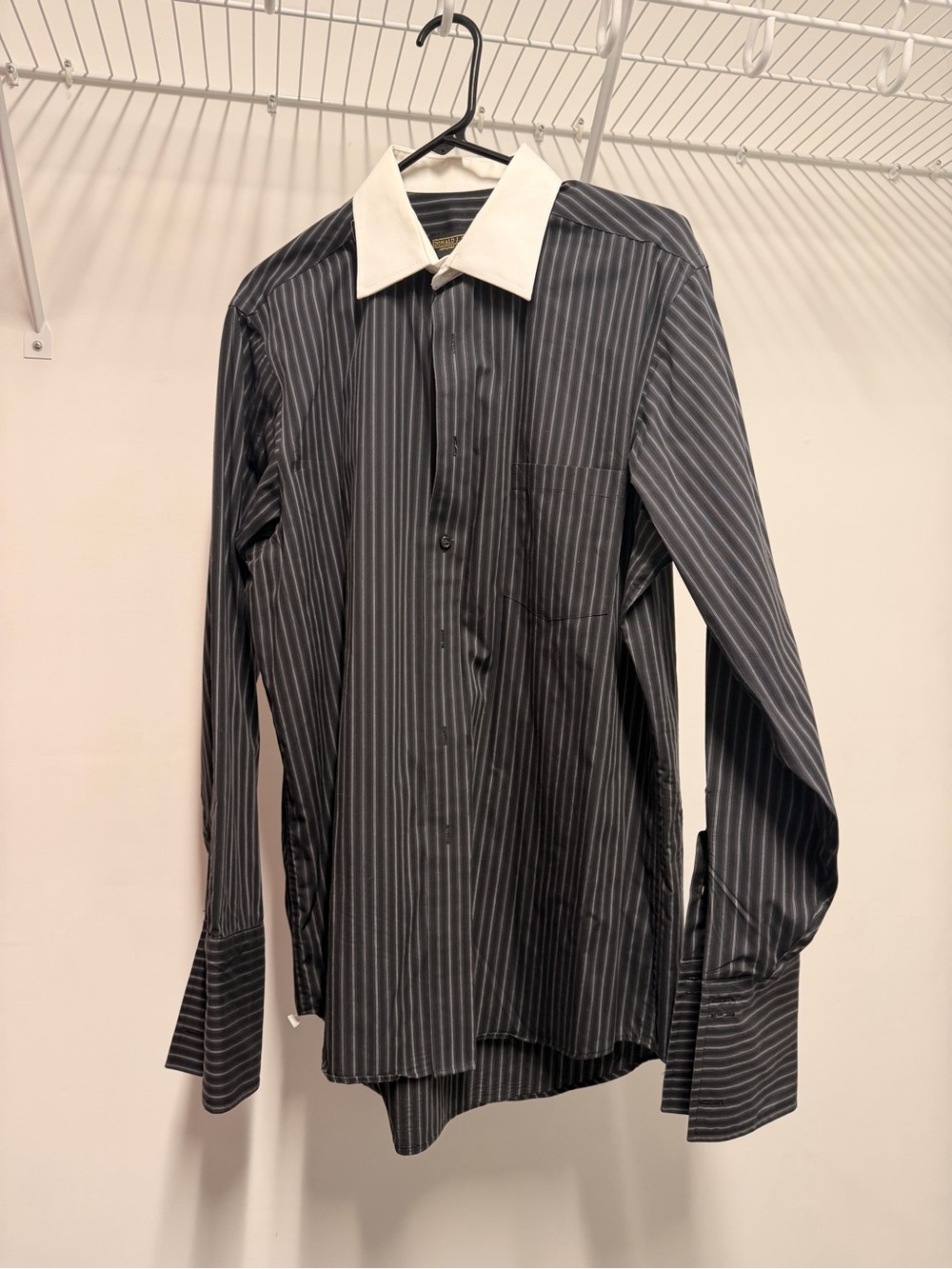 Men's Black Pinstripe Dress Shirt with White Contrast Collar